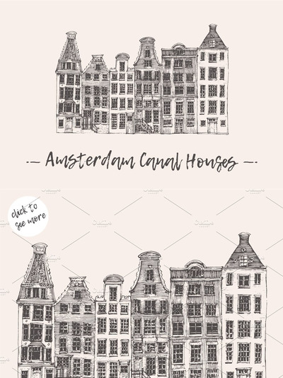 一套阿姆斯特丹运河房屋素描素材 Set of Amsterdam Canal Houses