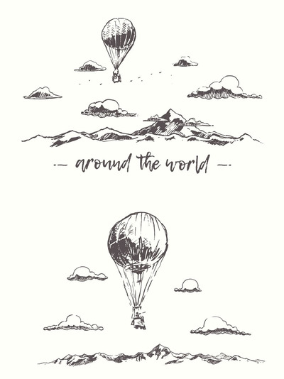 热气球山景手绘素描素材 Air balloons flying over mountains