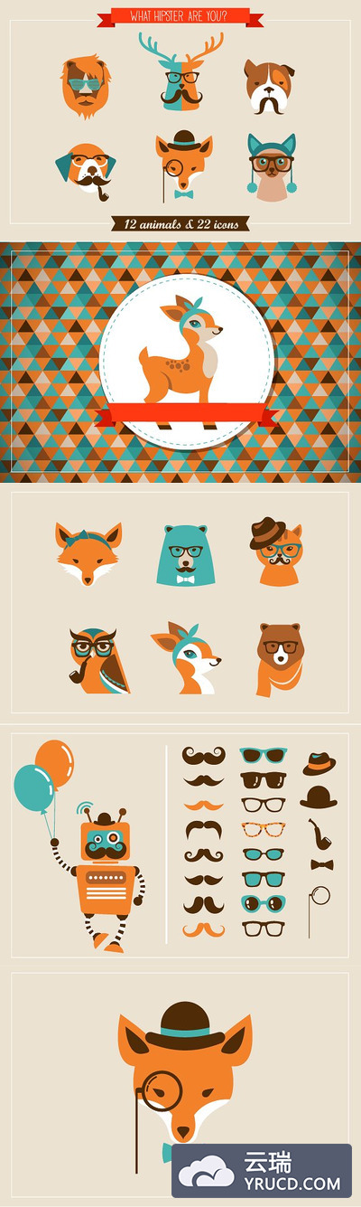 圣诞动物怪物素材图形 Hipster Animals & 22 icons