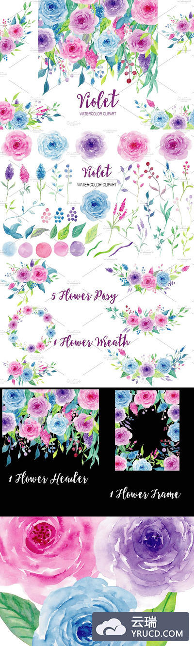 粉色水彩花卉素材 Watercolor Clipart Violet Collection