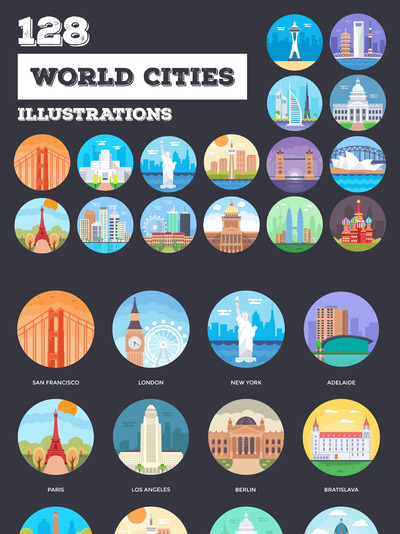 125+世界著名城市插图图形 125+ World Cities Illustrations