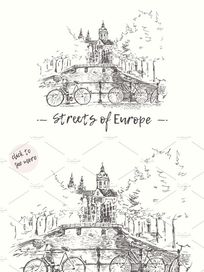 欧洲街景素描手绘图 Streets of Europe with canals
