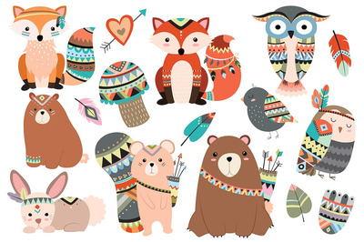 森林动物装饰画矢量素材 Woodland Tribal Animals Vector & PNG