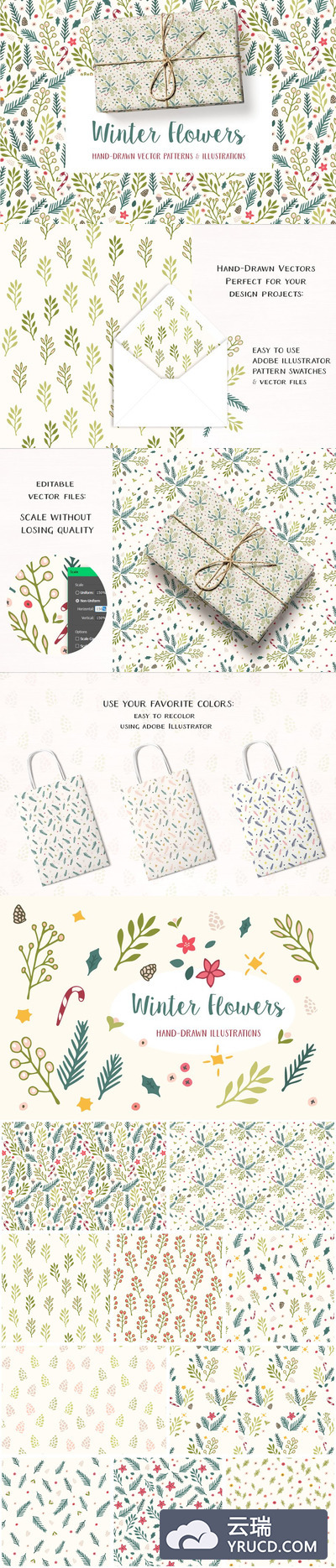 冬天风格的圣诞花卉图形背景纹理素材 Winter Flowers Christmas Patterns