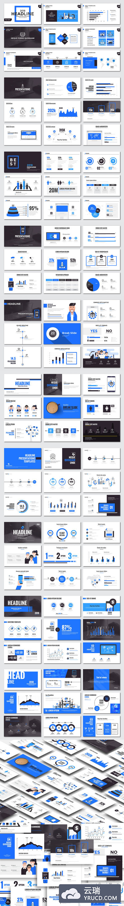 PPT | 90个独特幻灯片矢量图形蓝白色调简洁排版
