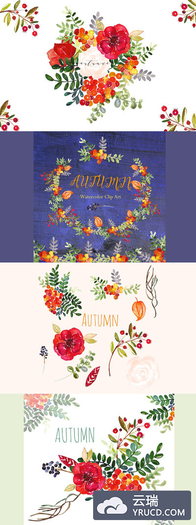 秋季水彩花卉图标 Autumn. Watercolor clip art.