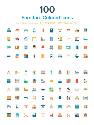 100个上色的室内家具图标 100 Furniture Colored Icons