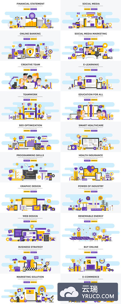 矢量 | 紫配黄色系现代web横幅人物工作项目创意元素