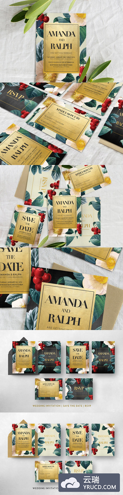 金色花卉时尚婚礼邀请函模板 Gold Floral Wedding Suite