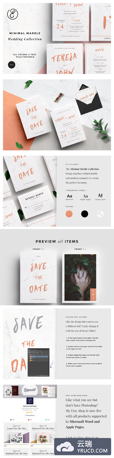 极简主义大理石纹理背景的婚礼邀请函模板 Minimal Marble Wedding Collection