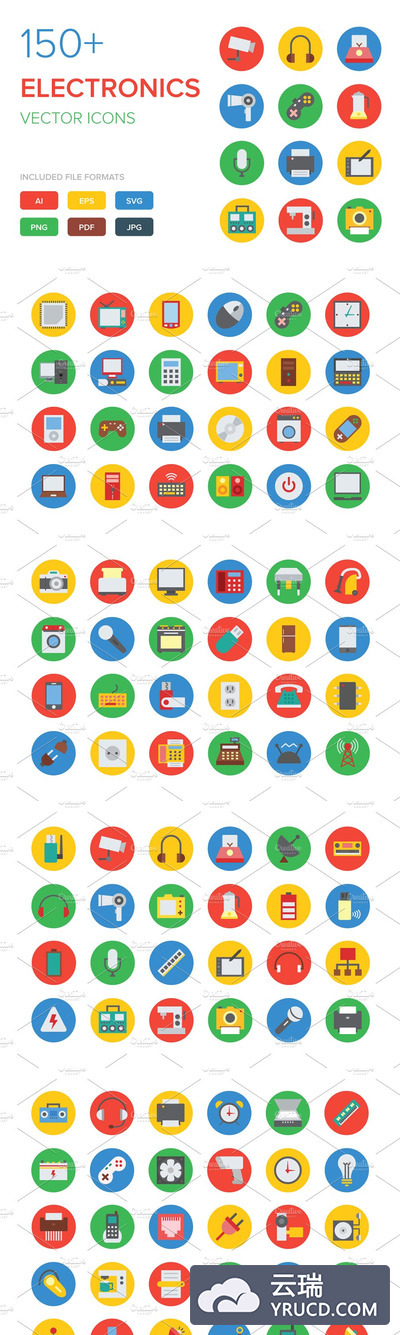 150个扁平化的电子产品图标合集 150+ Electronics Vector Icons