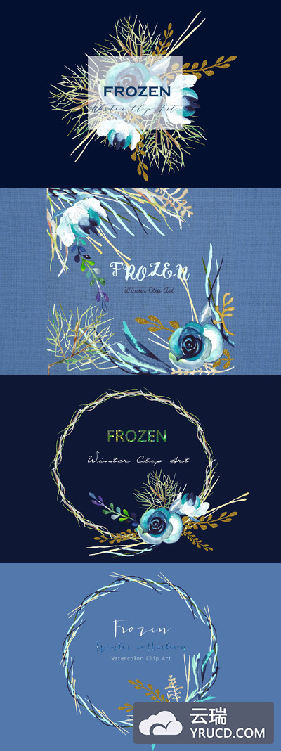 冰冻冬季主题的水彩画素材 Frozen. Glitter watercolor Clipart.