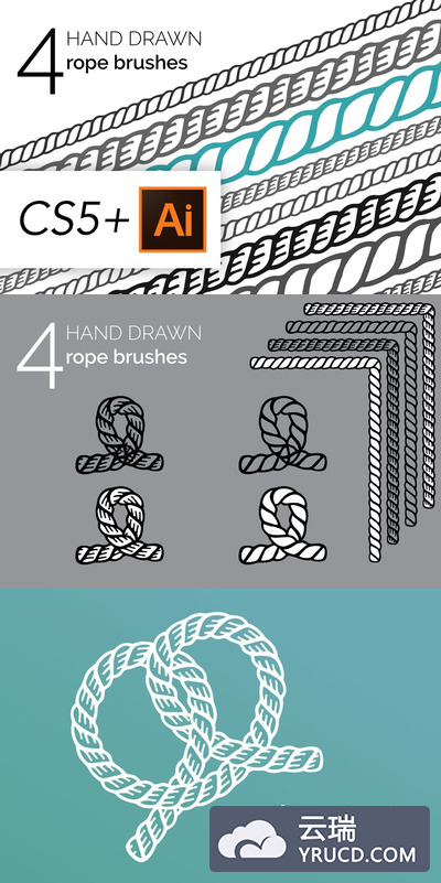 4种手绘绳子效果的笔刷 4 Hand Drawn Vintage Rope Brushes