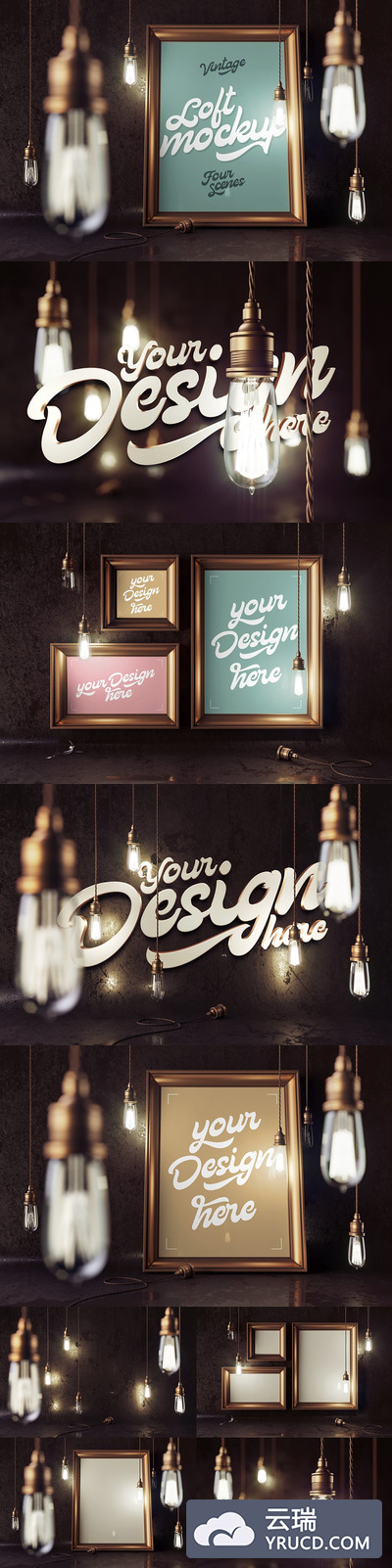 经典怀旧的灯泡与画框主题样机 Vintage lamps & frames Mockups