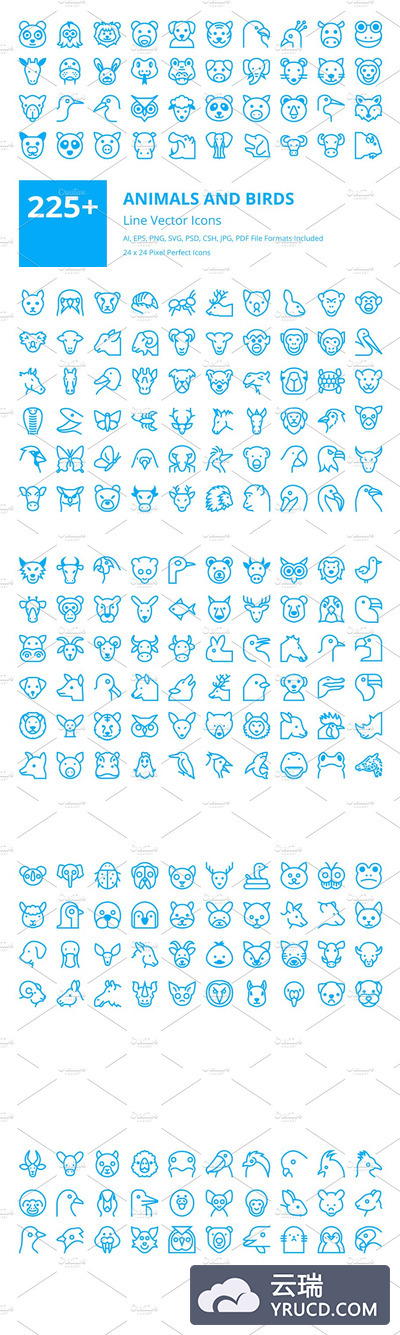 255+可爱的动物鸟类线型图标合集 225+ Animals and Birds Line Icons
