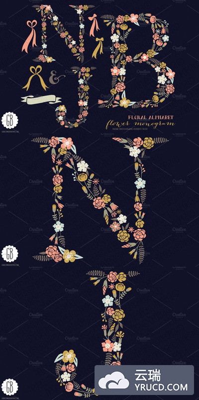 花卉字体素材 Floral letters, monogram, floral NJB