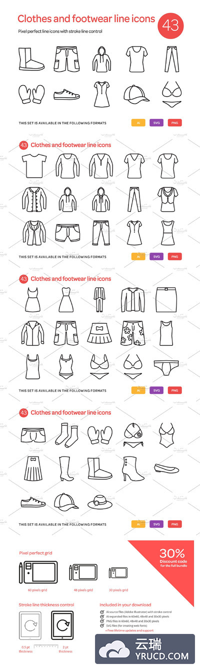 服装类线型图标套装 Clothes and Footwear Line Icons Set