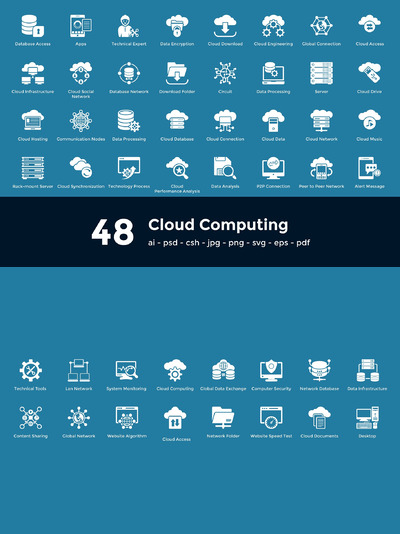 48个云服务器相关主题的图标套装 48 Cloud Computing Icons