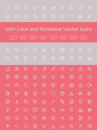 100个爱情和浪漫主题相关图标 100+ Love and Romance Vector Icons