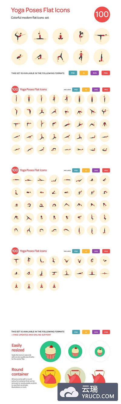 瑜伽动作相关的主题图标 Yoga Poses Flat Icons Set