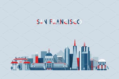美国旧金山（圣弗朗西斯科）天际线矢量图形 San Francisco skyline, USA