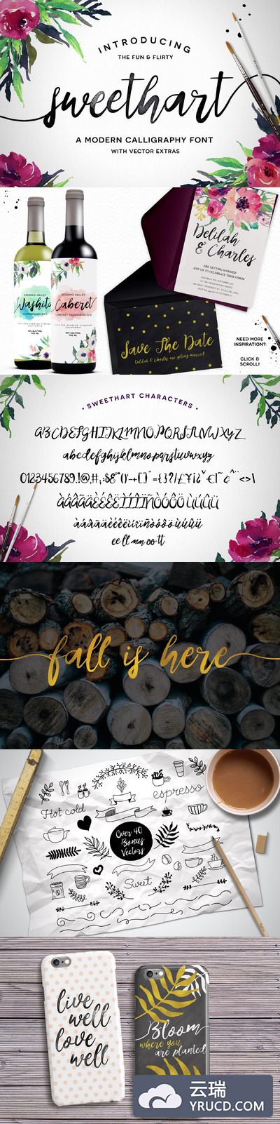 流畅的手绘字体 Sweethart Script + Vectors