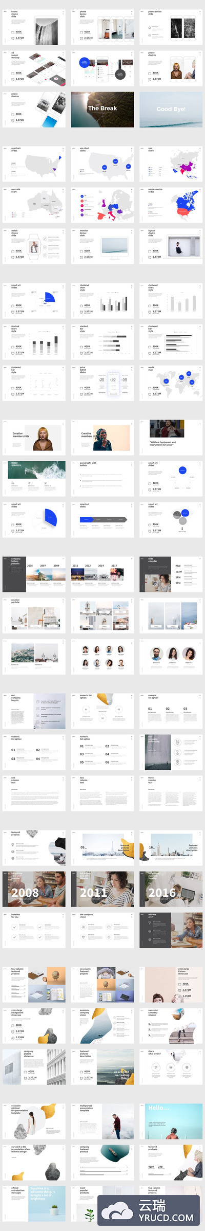 PPT | 81个独特幻灯片冷色调底图只能艺术图标功能照片画廊公司价格表