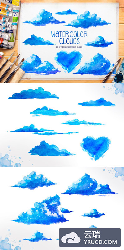 手绘水彩画风格的蓝色云朵矢量素材下载[ai,eps,png,jpg]