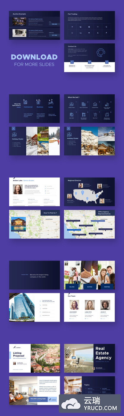 PPT | 紫色蓝色黑白7种不同颜色选择50张幻灯片动画过度免费字体房地产营销