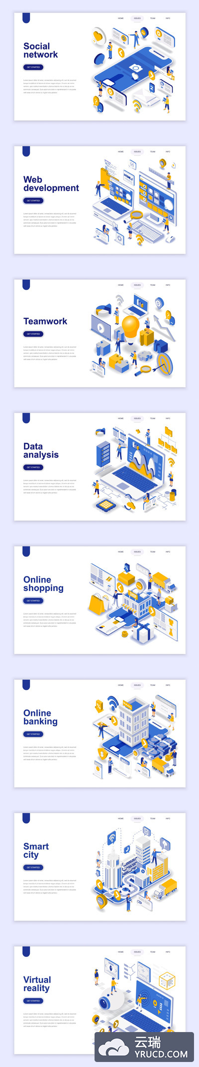 矢量 | 蓝黄色现代平面设计人物场景应用程序开发等距着陆页面PART1