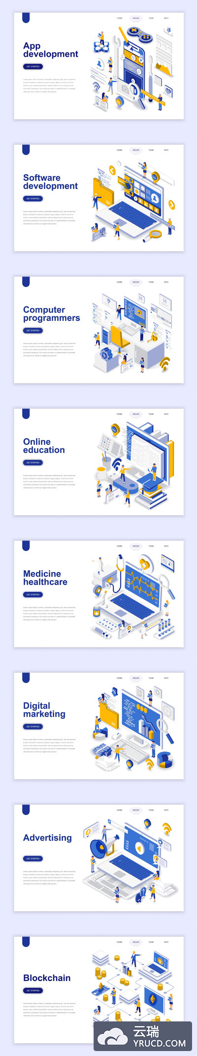 矢量 | 蓝黄色现代平面设计人物场景应用程序开发等距着陆页面PART2