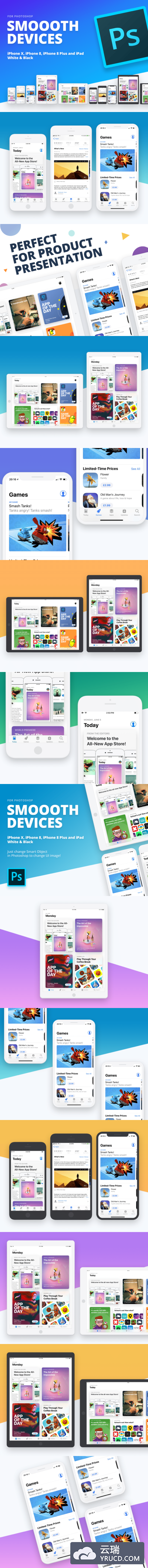 设计师必备的完美的UI设计作品展示模板套装[PSD,for iPhone X,iPhone 8,iPad等]