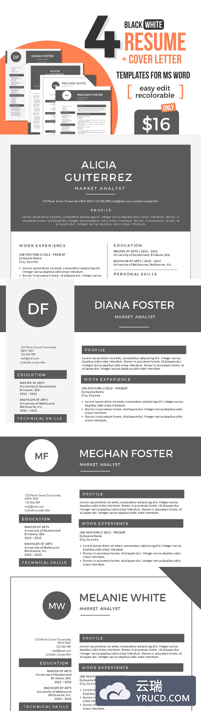 简约的黑白Word简历模板 Black white Word resume bundle