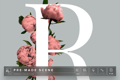 花卉字母场景样机 Floral Peonies Mockup Scene #012