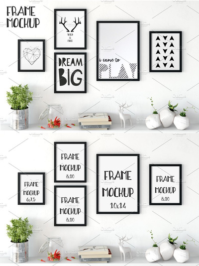 室内时尚黑边画框样机 Interior Frames Mockup in white