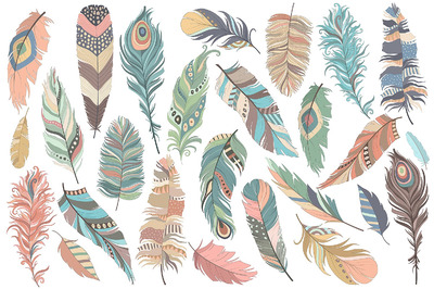 各种各样的漂亮羽毛创意图形 Tribal Feathers Vector PNG & JPG Set