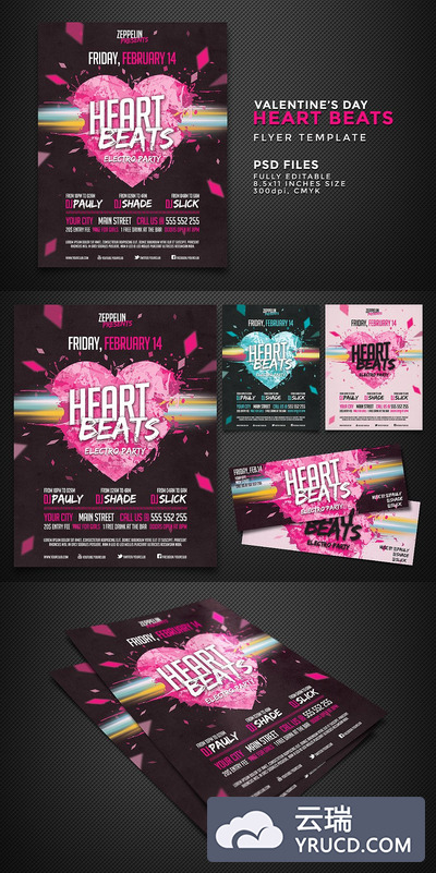 爱心破裂的创意海报模板 Heart Beats Flyer Template