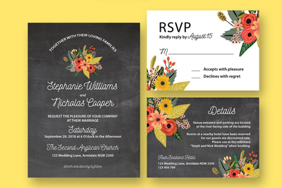 花卉黑板婚礼邀请函模板 Floral Chalkboard Wedding Suite