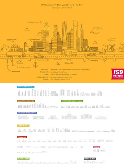 高端矢量线条世界标志性建筑地标元素集合