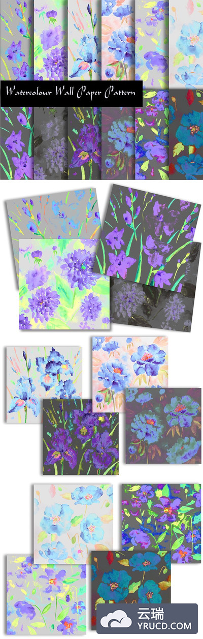 绚丽紫色的水彩花卉背景纹理 Watercolor Floral Pattern Purple
