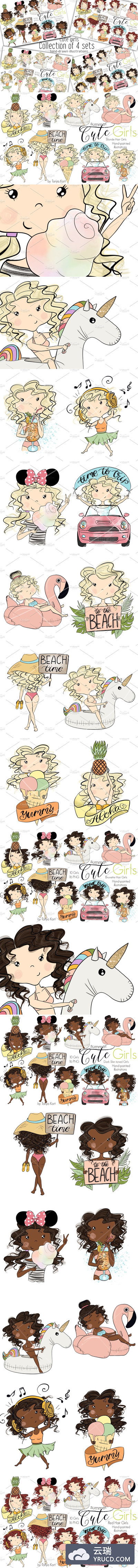 夏天女孩卡通 Collection of 4 Sets Girls Summer