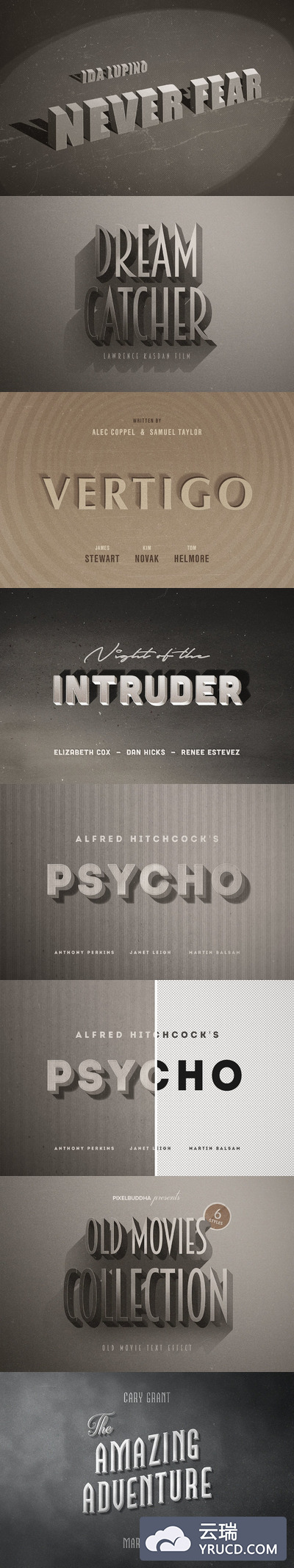 经典复古电影级别的3D立体文字图层样式集合