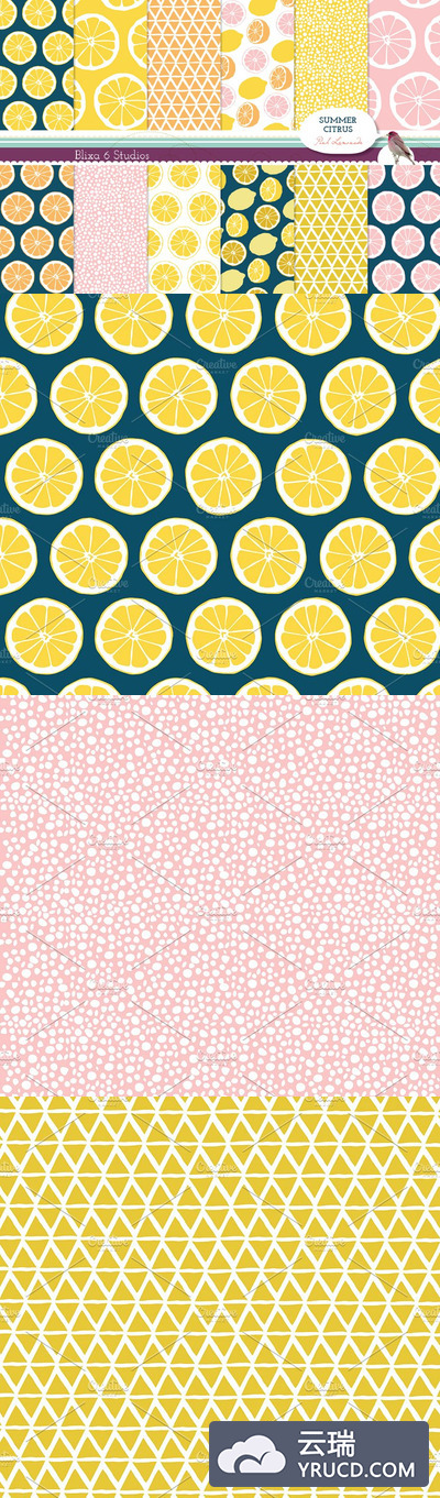 夏季柑橘柠檬元素的背景文莱素材 Summer Citrus Digital Lemon Patterns
