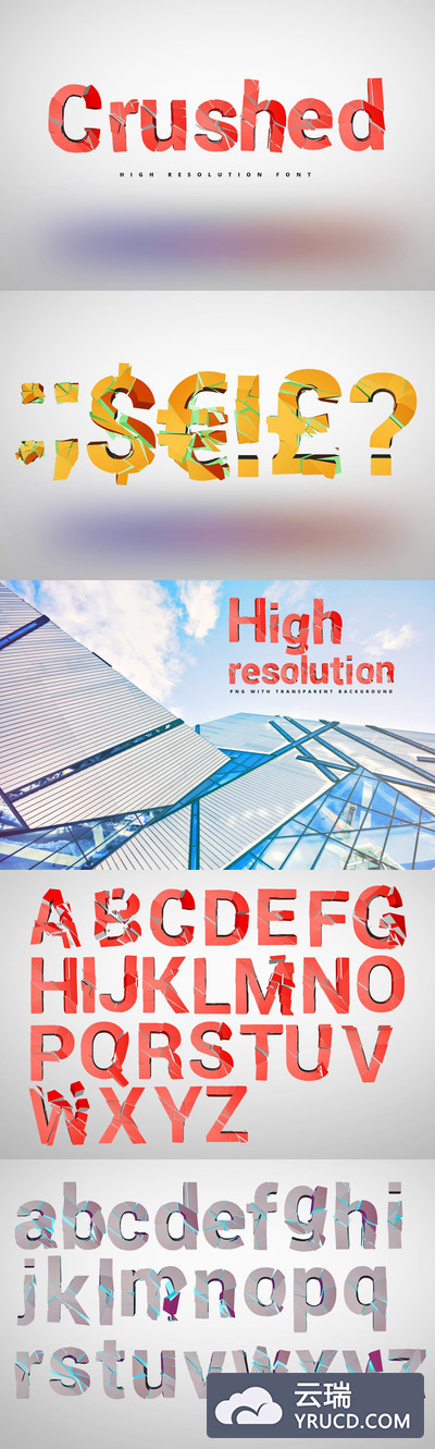 52个字母+8个额外符号的爆炸粉碎破碎效果的3D立体字母集合