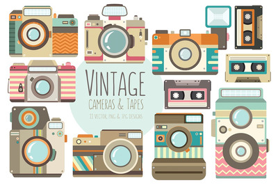 经典复古矢量相机图形 Vintage Cameras Vector Clipart Set