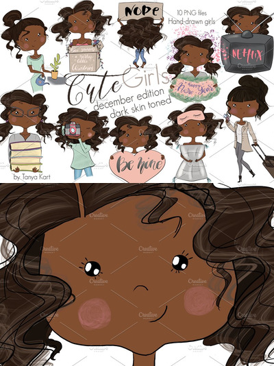 可爱的黑色肤色卡通女孩素材 Cute planner girls Dark Skin Toned