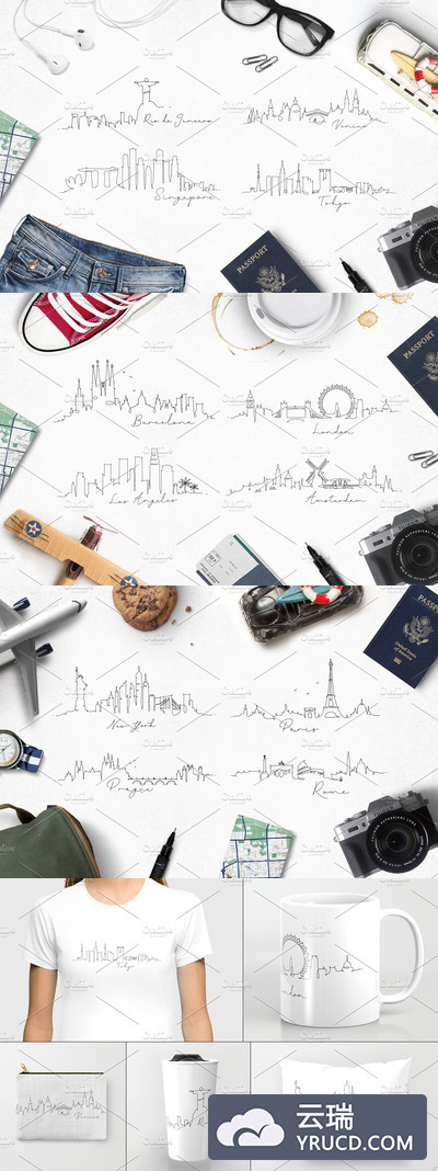 流畅的城市港币手绘素材图 Pen Line City Silhouette
