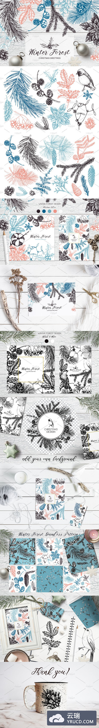 冬季森林圣诞节节日手绘元素 Winter Forest Hand Drawn Elements