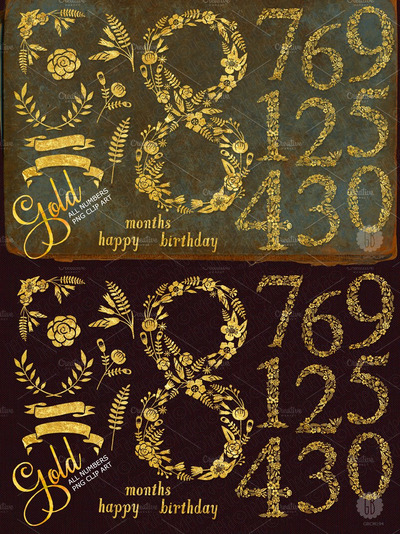 金色花卉数字图形素材 Floral golden numbers glam glitter