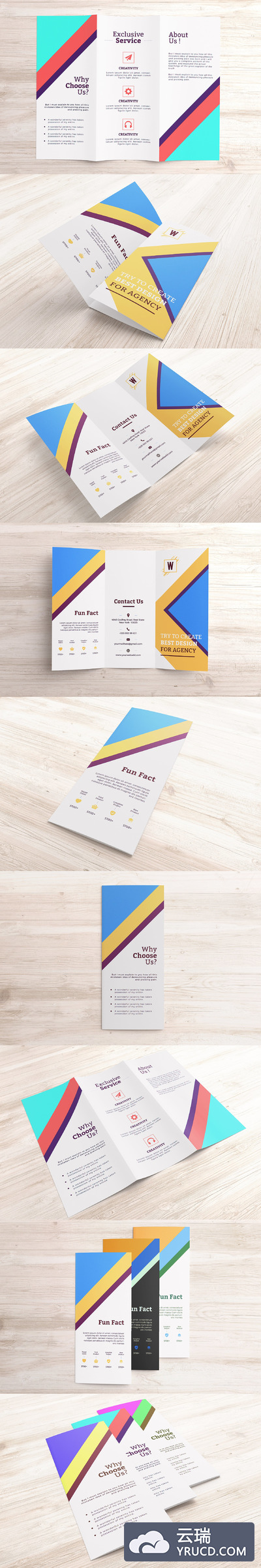 木纹背景的三折页设计展示样机 Letter-fold brochure Mockups v.3